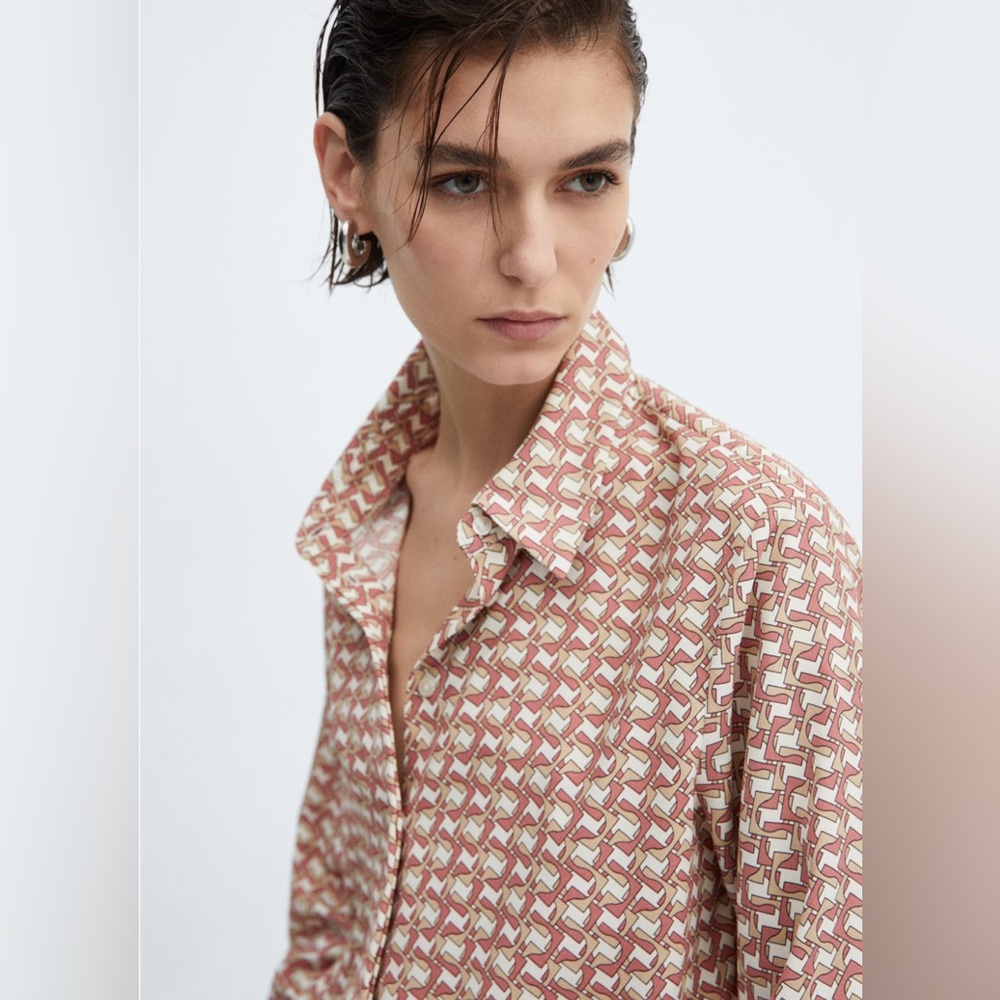 Mango Graphic Print Blouse in Pink and Cream Size S